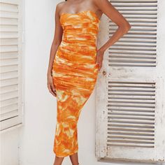 Ask Me Questions! Summer Orange Bodycon Midi Dress, Spring Orange Bodycon Midi Dress, Spring Orange Ruched Midi Dress, Orange Stretch Midi Dress For Spring, Orange Strapless Midi Dress For Summer, Fitted Orange Midi Dress For Day Out, Ask Me Questions, Dress Orange, Ask Me