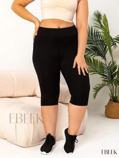 Ebeek - Womens Plus Size Activewear Leggings - High-Rise Capri Leggings with Contrast Mesh Detailing Compression Casual Capri Bottoms, Casual Compression Capri Bottoms, Casual Compression Capri Length Bottoms, Casual Short Leg Yoga Leggings, Casual Short Yoga Leggings, Casual Short Leggings For Yoga, Sports Solid Capri Length Bottoms, Stretch Capris With Elastic Waistband For Sports, Plus Size Sports Bras