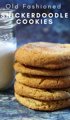 old fashioned snickkerdoodle cookies are stacked next to a glass of milk