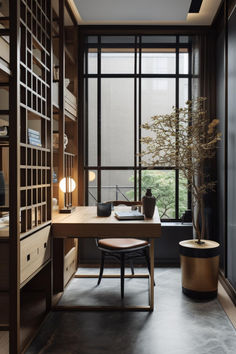 49 Japandi Home Office Gems: Minimalist Workspace Elegance at Its Best Office Japandi, Luxury Japandi, Japandi Style Home, Bookcase Inspiration, Spanish Gothic