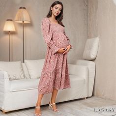 Lasaky - Long-Sleeved Chiffon Maternity Dress with Petite Floral Design Chiffon Dress Floral, Chiffon Maternity Dress, Floral Maternity Dresses, Small Floral Print, Dress Dusty, Home Dress, Hem Skirt, Maternity Dress, Dress Floral