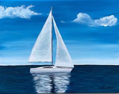 a painting of a sailboat in the ocean with blue sky and clouds behind it