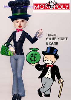 a woman holding a bag and money next to a man in a top hat