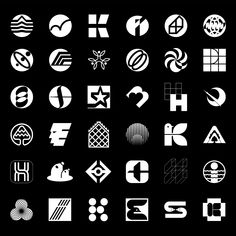 various logos and symbols are shown in white on a black background, including the letter s