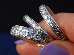 The Florals Set comes with three stunning floral bands forged in sterling silver. They will be so fun to mix and match with any rings you already have! They also make perfect friendship rings! Details: This ring set comes with three beautifully etched floral bands Sterling silver I can make this set in any size from 4 - 17. Just let me know with a note at checkout! This item will be shipped within 10 business days. Each piece is handmade by me in my studio by the beach in beautiful Marina Del Re Violet Moon, Permanent Jewelry, Friendship Rings, Dope Jewelry, Funky Jewelry, By The Beach, Jewelry Lookbook, Moon Jewelry, Fantasy Jewelry