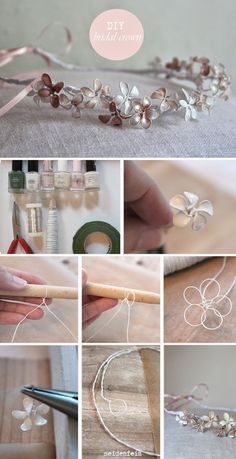 the process to make a flower headband with beads and ribbon is shown in several different pictures