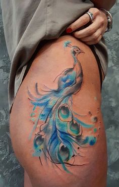 Simona Blanar peacock tattoo Tattoo Fairy, Tatuaje Cover Up, Watercolor Bird Tattoo, Watercolor Tattoos, Thigh Tattoos Women, Feather Tattoos