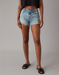 AE Strigid Super High-Waisted Relaxed Distressed Denim Short Relaxed Fit Cutoff Bottoms For Spring, Spring Relaxed Fit Cutoff Bottoms, Medium Wash Jeans For Elevated Casual Summer, Summer Medium Wash Jeans For Elevated Casual, Summer Medium Wash Jeans For Casual Wear, Chic High Rise Light Wash Jean Shorts, Chic High Rise Jean Shorts, Dark Wash Relaxed Fit Jean Shorts For Spring, High Rise Denim Shorts For Fall