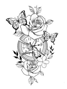 a clock with roses and butterflies on it is shown in this tattoo style design, which includes