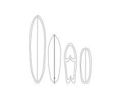 three surfboards are lined up in the shape of an oar and one is upside down