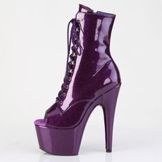 7" High Heel, 2 3/4" Platform Lace Up Ankle Boots. Peep Toe Front And Inner Side Zipper Closure. Purple Glitter Faux Patent Leather. Styles: Clubbing Party Formal Dance Roda-1021gp Glitter High Heel Boots Fitted, Fitted High Heel Glitter Boots, Fitted Glitter High Heel Boots, Party Platform Ankle Boots With 4-inch Heel, Fall Party Platform Boots With 4-inch Heel, Glamorous Winter Platform Heels, Glamorous Open Toe Fitted Boots, Fitted Glamorous Open Toe Boots, Glamorous Fitted Open Toe Boots