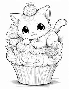 a cat sitting on top of a cupcake