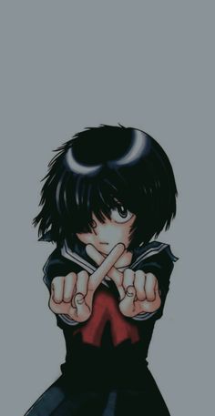 an anime character with black hair holding his finger up in front of his face and pointing at