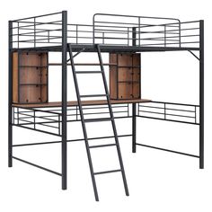 a metal loft bed with wooden shelves and ladders on the bottom level, against a white background