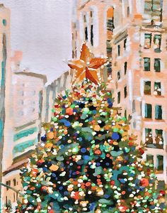 a painting of a christmas tree in the city