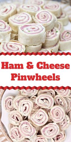 ham and cheese pinwheels on a plate with text overlay that reads ham and cheese pinwheels