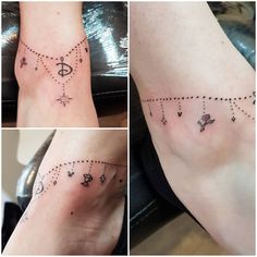 four pictures of different tattoos on the legs