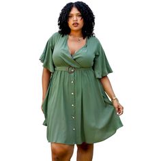 Stand out with the Anna-Kaci Women's Plus Size O-Ring Tied Belt Waist Butterfly Flare Sleeve Midi Dress, a chic and feminine piece perfect for various occasions. This wrap dress features a V-neckline, butterfly flare sleeves, and a stylish O-ring tied belt waist, creating a flattering and defined silhouette. The beautiful floral print adds a touch of elegance, making it an ideal choice for both daytime and evening events. Plus Size Midi Dress, Minimalist Accessories, Flare Sleeves, Stylish Plus, Green Midi Dress, Elegant Chic, Sleeve Midi Dress, Midi Dress With Sleeves, Plus Size Dress