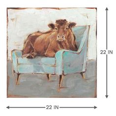 a brown cow sitting on top of a blue chair next to a white wall with the number 22 in front of it