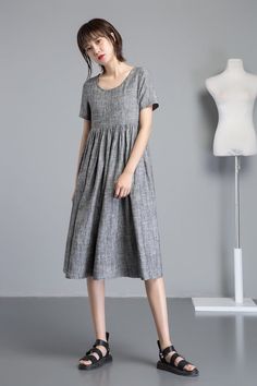 Simple linen dress, midi dress, summer dress, Everyday dress, shirt dress, Casual dress, oversized d Casual Gray Midi Dress For Summer, Casual Gray Summer Midi Dress, Casual Gray Midi Dress For Daywear, Casual Gray A-line Midi Dress, Casual Gray Midi Dress For Spring, Gray Relaxed Fit Knee-length Dress, Gray Linen Dress For Summer, Gray Linen Summer Dress, Casual Gray Midi Dress