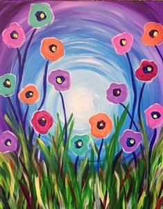 an acrylic painting of flowers in the grass