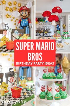 Check out this blog post for modern and trendy ideas to throw your very own Super Mario party! Level Up Mario Birthday, Nintendo Themed Party, Super Mario Bros Birthday Party Games, Super Mario Birthday Activities, Mario Party Themed Birthday Party, How To Throw A Birthday Party, Super Mario Bros Birthday Party Food, Mario Theme Table Decor, Easy Mario Birthday Decorations