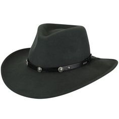 Wild Flush is a dark grey wool felt hat. It features a black leather band with silver conchos and nailheads. The hatband is adorned with the Eddys metal logo pin. Monroe Hat, Brown Leather Hat, Dragon Hats, Orange Beanie, Logo Pin, Western Hat, Leather Hat, Bowler Hat, Light Brown Leather