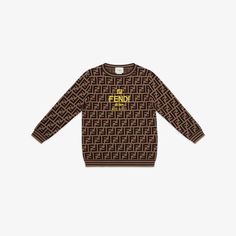 Cotton junior crew-neck jumper with all-over tobacco FF logo and yellow Fendi Roma embroidery on the front. Made in Italy. Size 4a Fendi Sweater, Fendi Logo Design, Logo Yellow, Fendi Dress, Fendi Store, Ff Logo, Fendi Logo, Kenzo Kids, Crew Neck Jumper