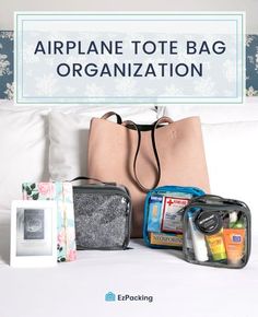 an airplane tote bag is organized on a bed with the words, airline tote bag organization