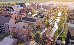 an aerial view of some buildings and trees