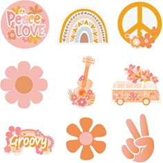 various stickers that include flowers, peace signs and an orange flower with the word love