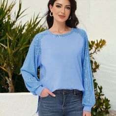 Elevate your casual wardrobe with the Anna-Kaci Women's Casual Sequin Balloon Long Sleeve Blouse. This top features long sleeves adorned with sequins, a loose round neck, and a comfortable, relaxed fit, perfect for adding a touch of sparkle to your party outfits. Light Blue Crew Neck Blouse For Spring, Casual Crew Neck Blouse For Party, Light Blue Crew Neck Blouse, Trendy Light Blue Top For Party, Trendy Light Blue Party Top, Light Blue Casual Party Blouse, Casual Light Blue Party Blouse, Light Blue Casual Blouse For Party, Casual Blue Blouse For Night Out