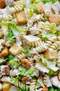 pasta salad with chicken, lettuce and croutons