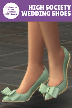 high society wedding shoes with bows on the toes and heels are shown in front of a woman's legs