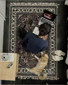 a woman sitting on top of a rug next to a laptop computer and cat laying in front of her