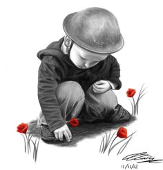 a drawing of a boy kneeling on the ground with flowers in front of his face