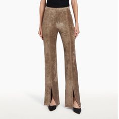 Chic Standard Cut Leg Pants For Fall, Elegant Bottoms With Side Slits For Fall, Elegant Fall Bottoms With Side Slits, Elegant Straight Pants With Zipper Closure, Elegant Pants With Zipper Closure For Fall, Chic Straight Leg Pants With Side Slits, Suede Bottoms For Workwear In Fall, Fitted Bottoms With Split Hem For Fall, Chic Pants With Side Slits And Split Hem