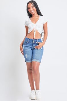 This just in: bermudas are back in style and sexier than ever! Our Women's WannaBettaButt Bermuda short is super stretchy and features our famous WBB heart shaped stitching, enhancing your natural curves. Wear these shorts casual with a crop top or tank and some sneakers, or dress them up with a bodysuit and heeled sandals! Product Details - Mid-Rise - Exposed 3-Button Closure with Zipper - 5 Pocket Construction - Light Front Distressing Size & Fit (based on size 5) - Inseam: 11 - Rise: 9 - Leg Stretch Knee-length Jean Shorts, Trendy Fitted High Waist Bermuda Shorts, Trendy Fitted Mid-rise Bermuda Shorts, Stretch Shorts With Button Closure, Fitted Mid-rise Shorts With Button Closure, Ymi Jeans, Bermuda Short, Shorts Casual, Natural Curves