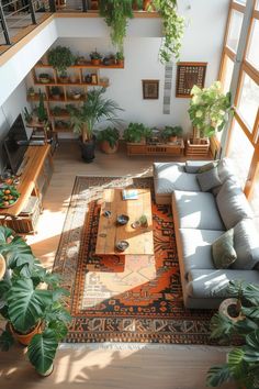 an overhead view of a living room with couches and potted plants