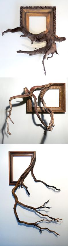 three different frames with branches hanging from them