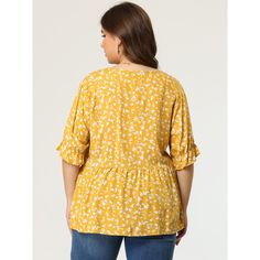 This floral-printed cotton blouse offers a romantic look with its V neckline, bringing fashion to feminine chic. Peasant-inspired in this flowy ruffle-sleeve babydoll blouses that keep you soft cool in lightweight feeling. The soft printed blouses make you feel lightweight and comfortable to wear in your casual time. Wearing this soft cotton summer floral tiered blouse and chatting with your friends with a cup of coffee in this romantic city to enjoy your casual time. Showing more feminine charm Flowy V-neck Blouse With Floral Print, V-neck Ditsy Floral Print Blouse For Fall, Ditsy Floral Print V-neck Blouse For Fall, Fall Ditsy Floral Print V-neck Blouse, Fall V-neck Blouse With Ditsy Floral Print, Yellow Flowy V-neck Blouse, Ditsy Floral Print V-neck Blouse For Day Out, Printed Blouses, Tiered Blouse