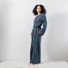 A full length stretch french terry robe with side slash pockets features inside security ties and a loop for hanging Standard length robes are cut to finish at approximately 56" long with a 22.5" sleeve from the shoulder. Petite and Tall length robes are cut to finish at approximately 53" and 59" long with 21" and 24" sleeves respectively. The finished length will vary from piece to piece with production Gift Idea List, Terry Robe, Tap Pants, Cotton Sleepwear, Cotton Gifts, Womens Robes, Organic Cotton Fabric, Merino Wool Sweater, Great Gift Ideas