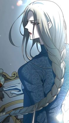 an anime character with long white hair and blue dress