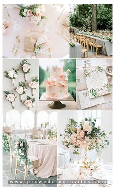 a collage of photos with pink flowers and greenery