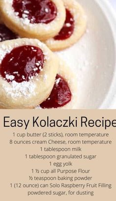 the recipe for easy kolacri cookies is shown on a white plate