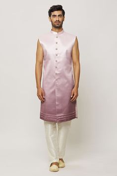 Onion pink open sherwani jacket with all over hand embroidery. Paired with a sleeveless kurta and cream aligadi pant. - Aza Fashions Festive Pink Sherwani With Traditional Drape, Luxury Pink Sherwani With Traditional Drape, Semi-stitched Dola Silk Sherwani With Traditional Drape, Pink Embroidered Semi-stitched Sherwani, Pink Semi-stitched Long Sleeve Sherwani, Sleeveless Kurta, Embroidered Neckline, Self Design, Band Collar