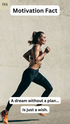 a woman running with the words motivation fact above her