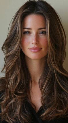 a woman with long brown hair wearing a black shirt and looking at the camera while standing in front of a wall