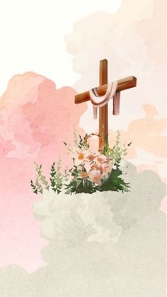 a cross with flowers in the foreground and a pink sky behind it on a watercolor background