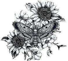 a black and white drawing of sunflowers with a moth on it's face